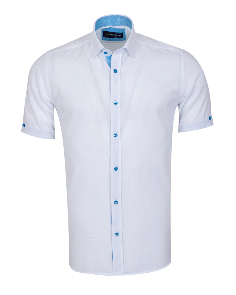 White Linen Plain Short Sleeve Shirt-Makrom