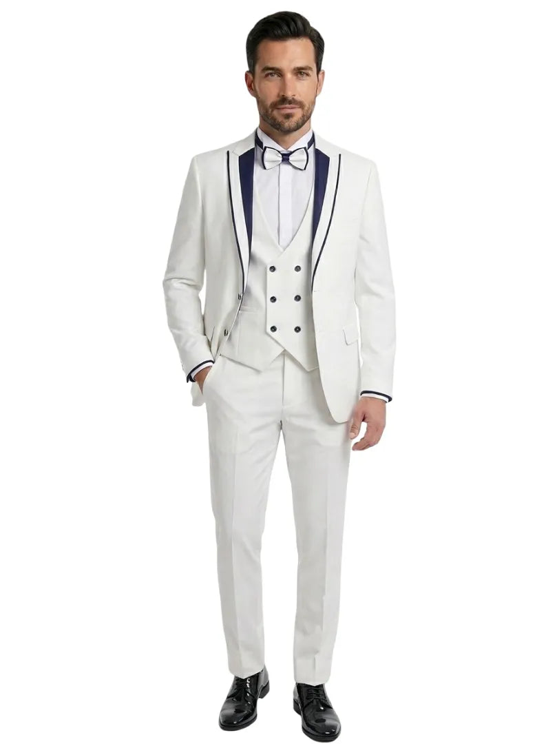 White Men's 4 Piece Wedding Suit Contrasting Lapel-Makrom