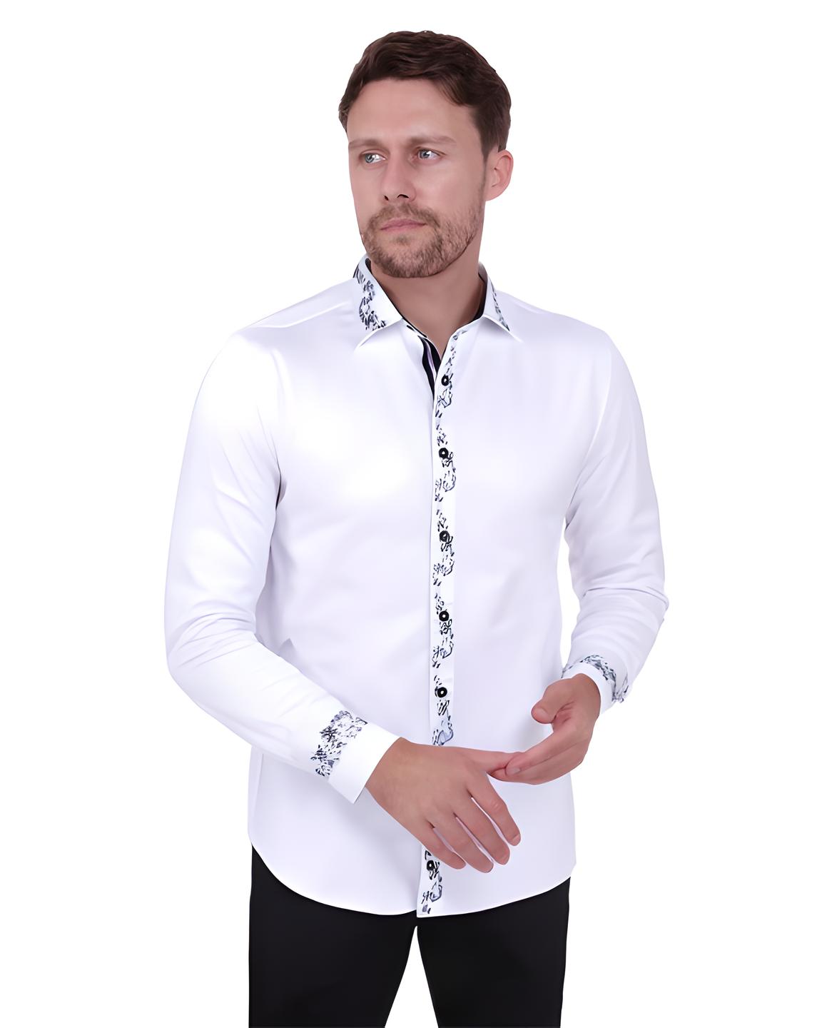 White Musical Print Long Sleeve Shirt-Makrom