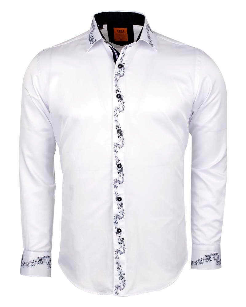 White Musical Print Long Sleeve Shirt-Makrom
