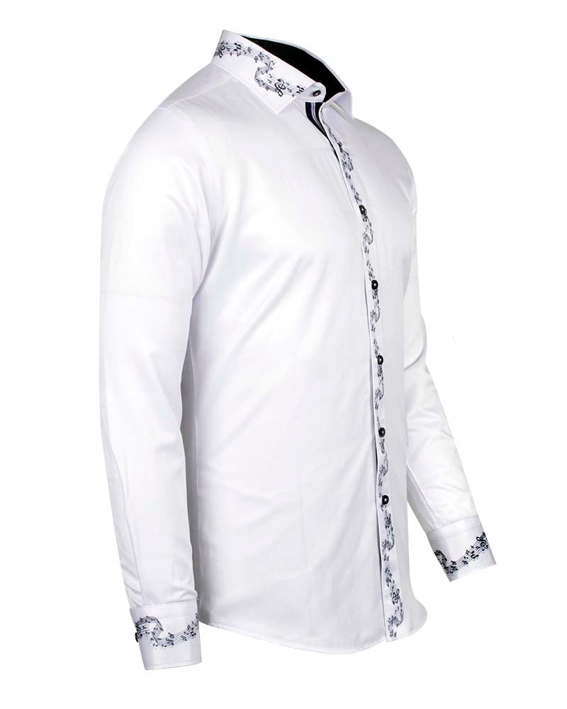 White Musical Print Long Sleeve Shirt-Makrom