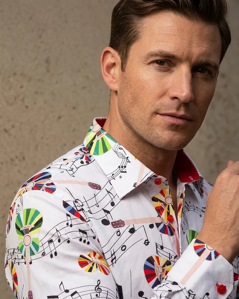White Musical Print Shirt with Matching Handkerchief