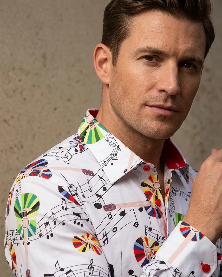 White Musical Print Shirt with Matching Handkerchief