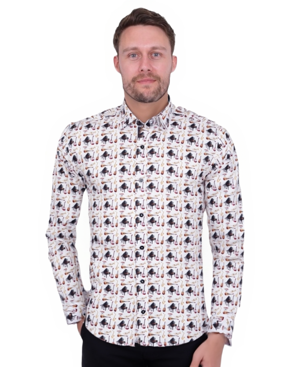 White Orchestra Instrument Print Shirt with Matching Handkerchief-Makrom