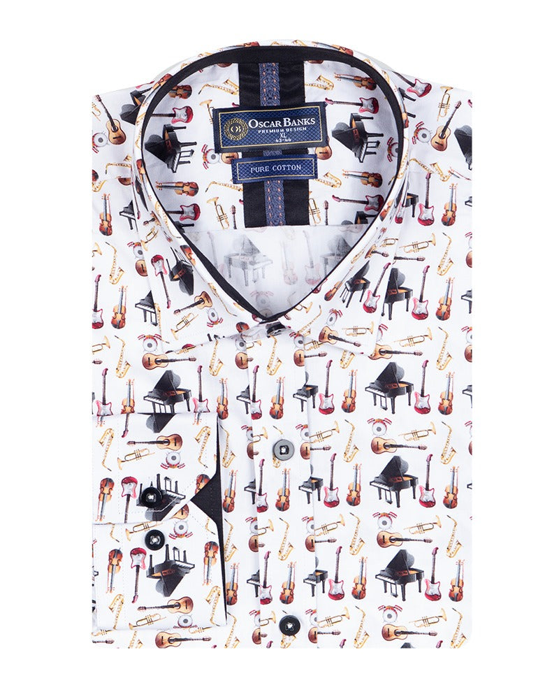 White Orchestra Instrument Print Shirt with Matching Handkerchief-Makrom