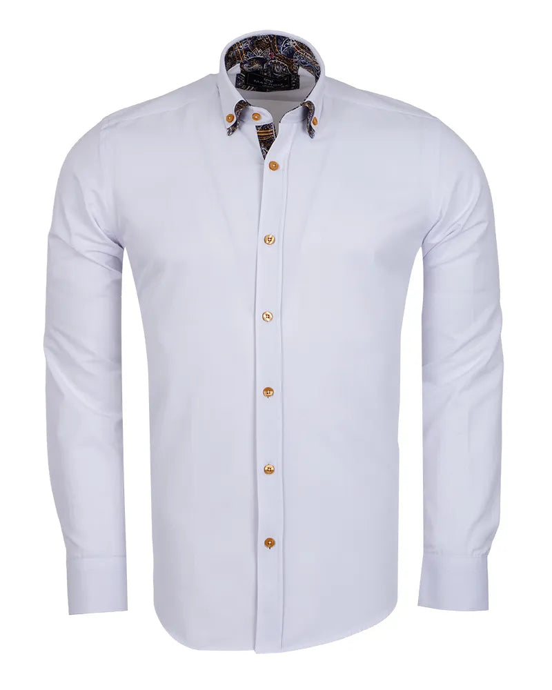 White dress shirt with gold buttons on a white background