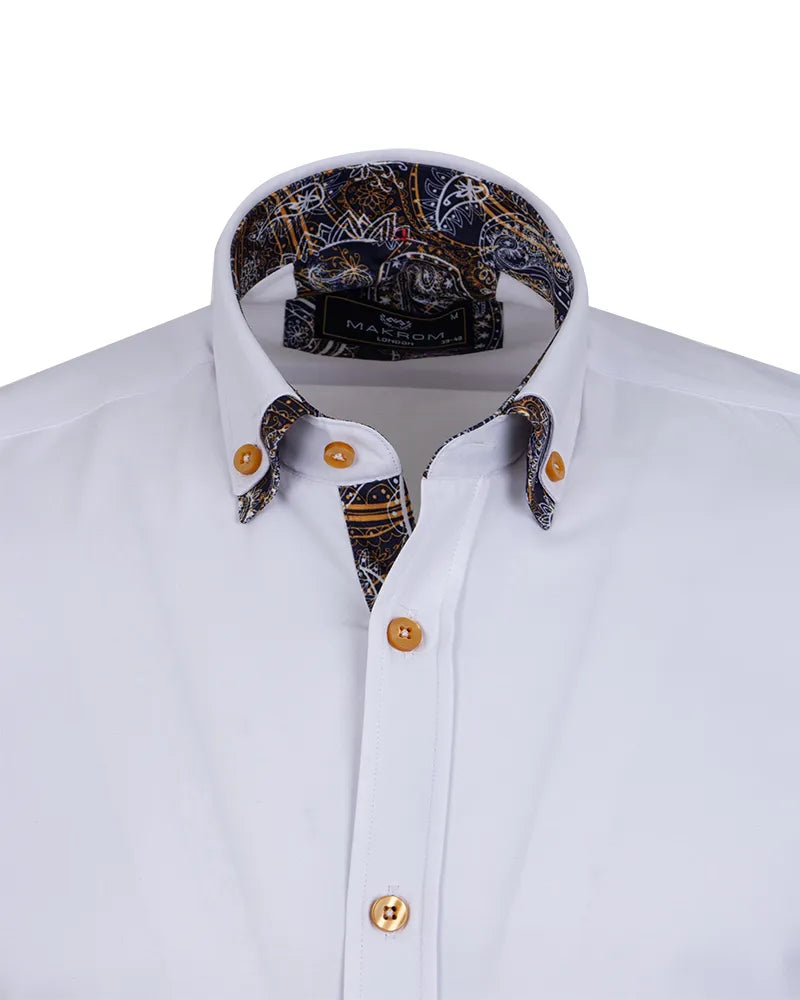 White dress shirt with patterned collar and cuffs on a white background