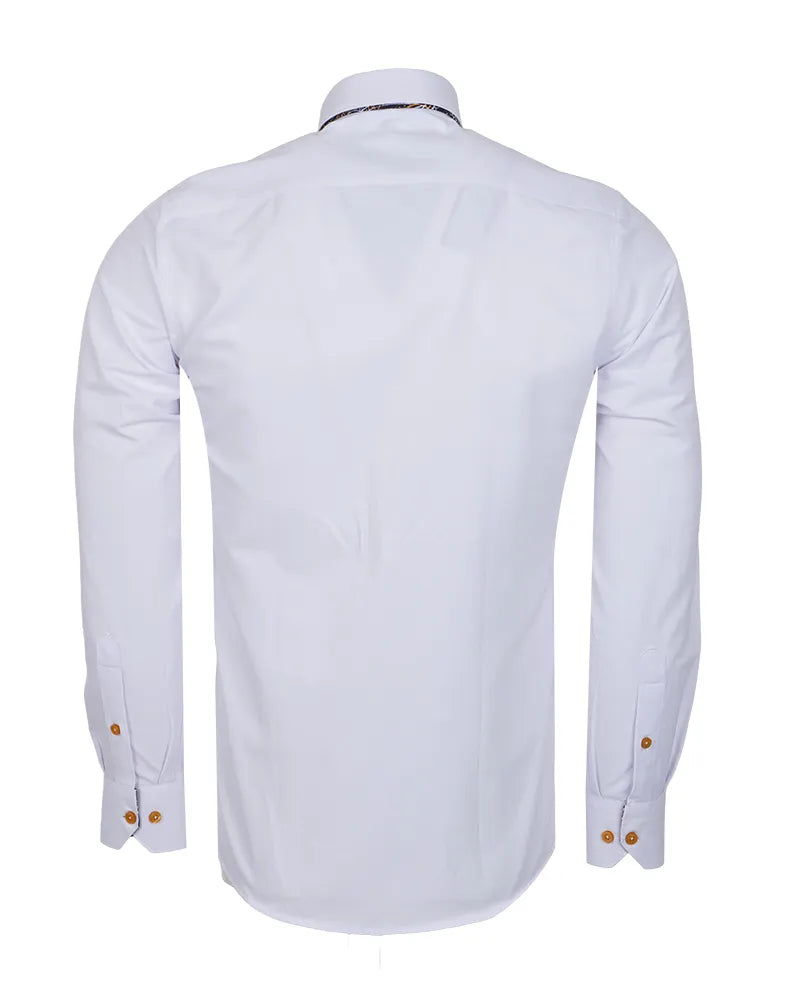 White dress shirt with collar and buttons on a white background