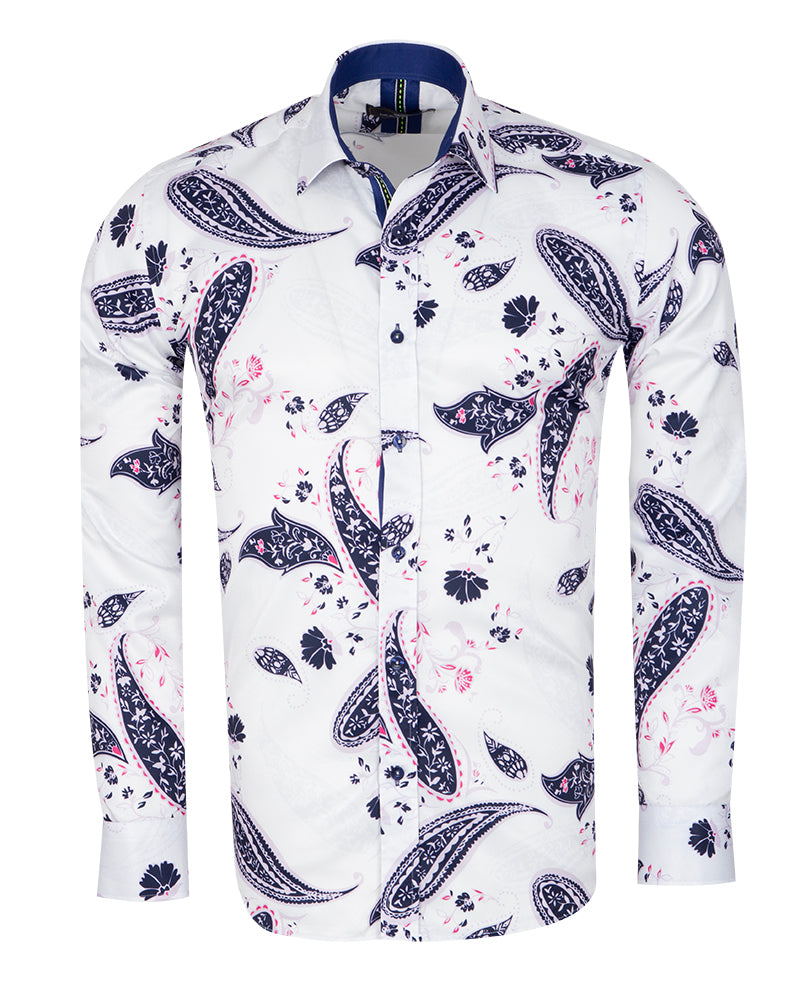 White Paisley Print Long Sleeve Shirt-Makrom