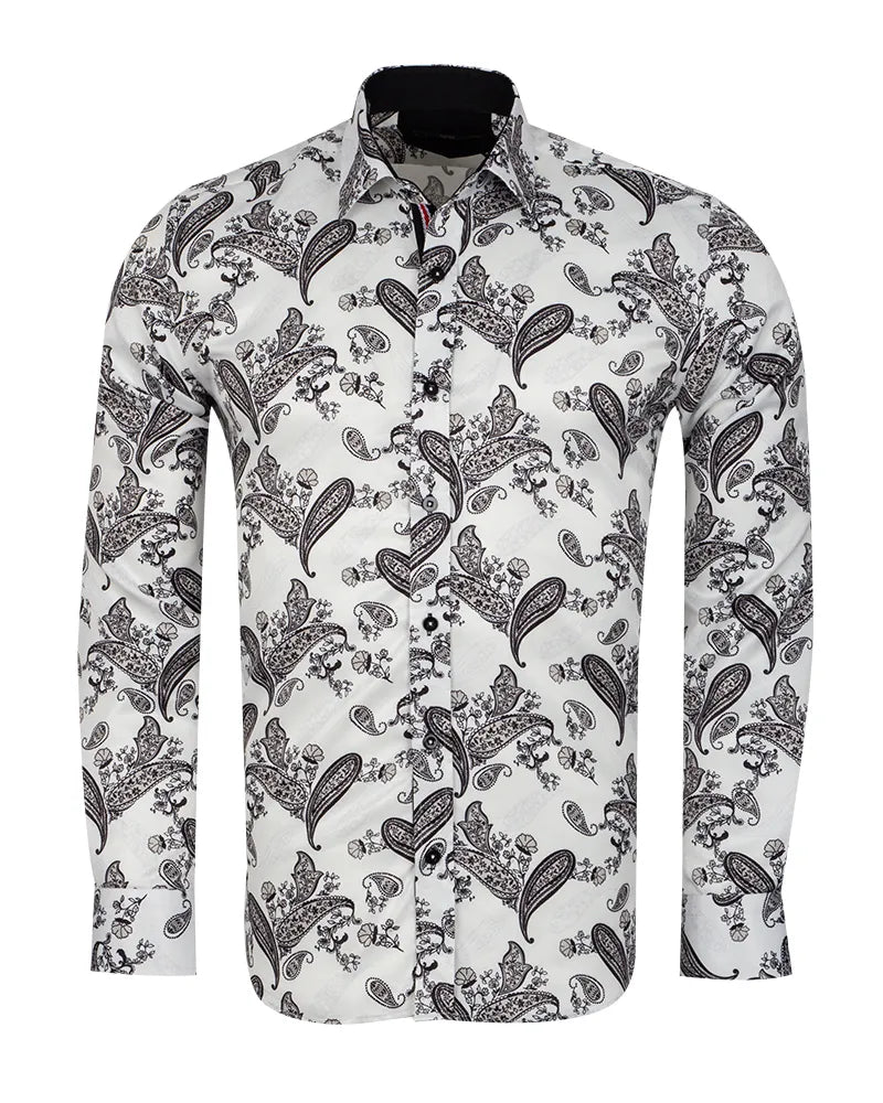White Paisley Print Long Sleeve Shirt-Makrom
