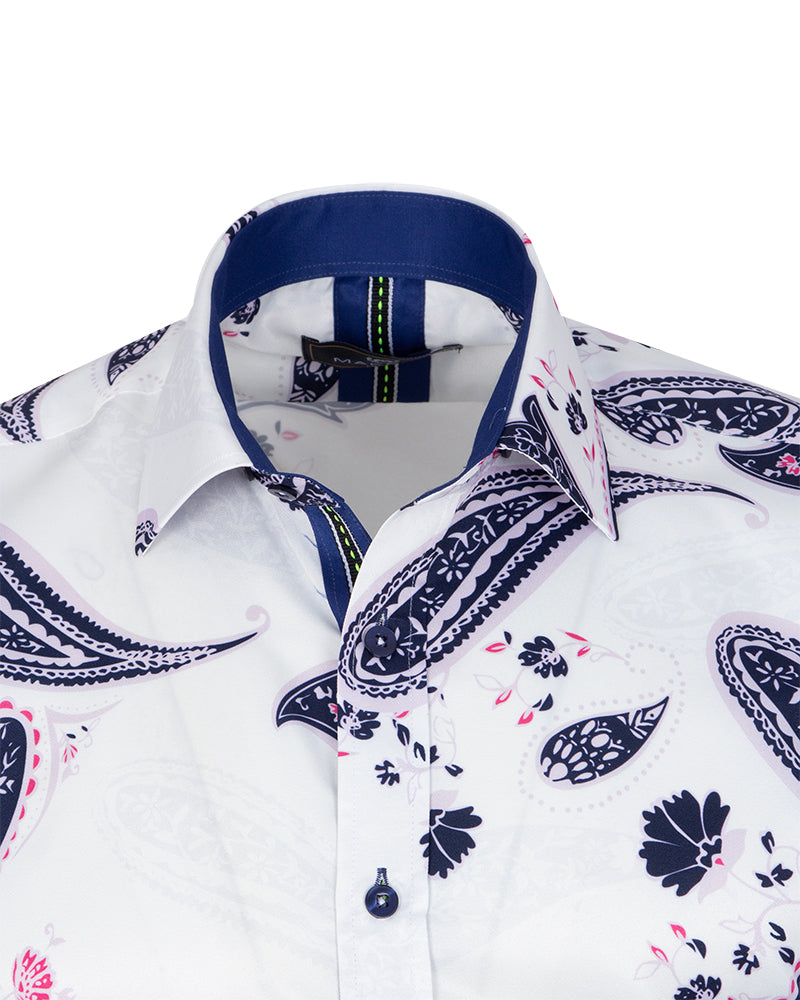 White Paisley Print Long Sleeve Shirt-Makrom