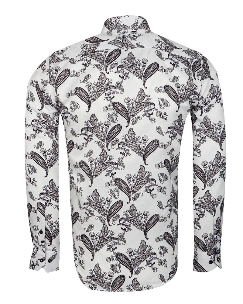 White Paisley Print Long Sleeve Shirt-Makrom