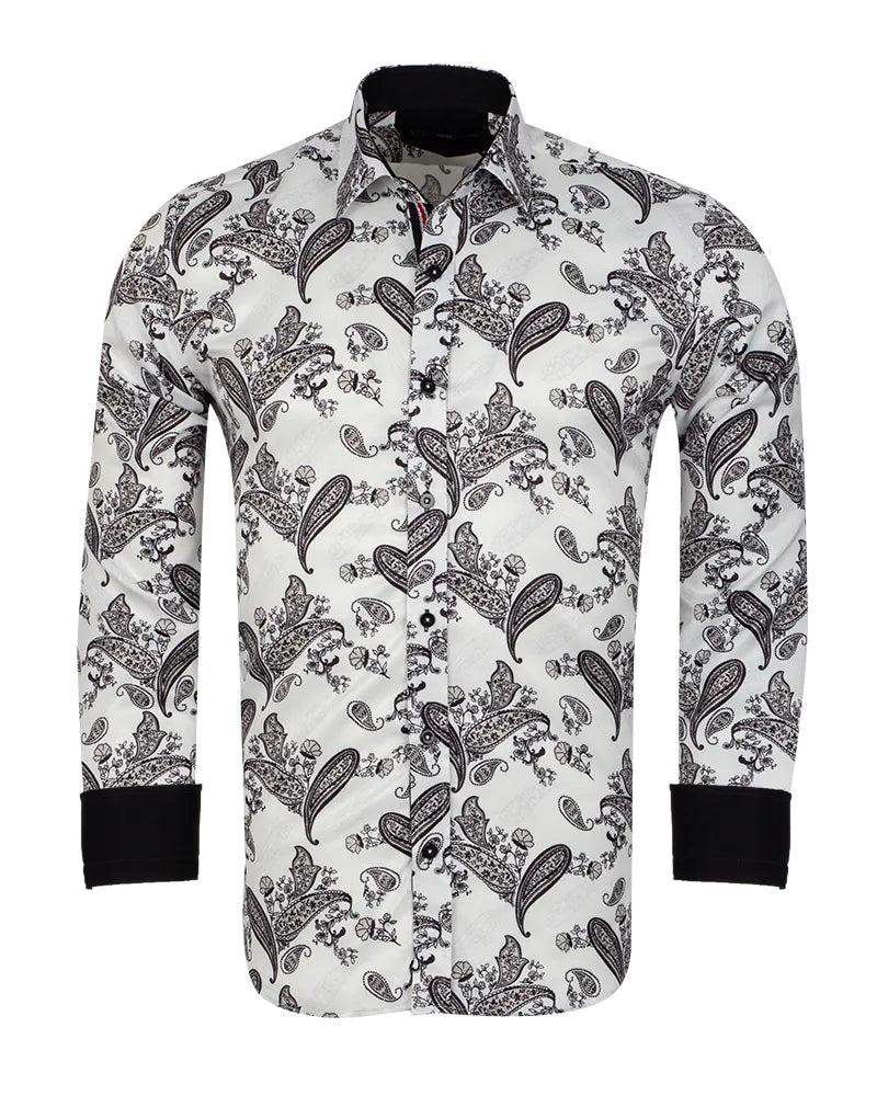 White Paisley Print Long Sleeve Shirt-Makrom