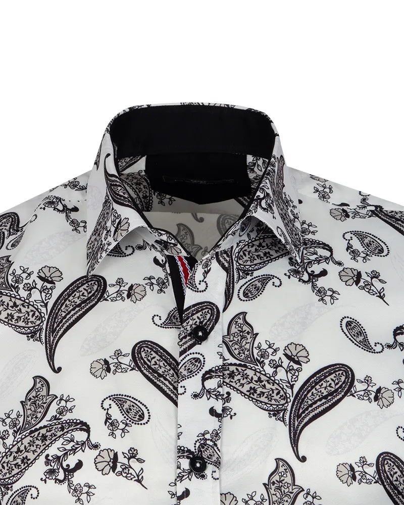 White Paisley Print Long Sleeve Shirt-Makrom