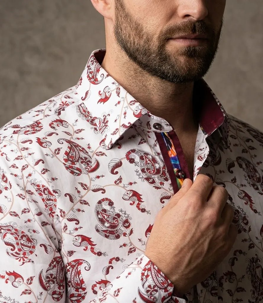 White Paisley Print Shirt with Matching Handkerchief