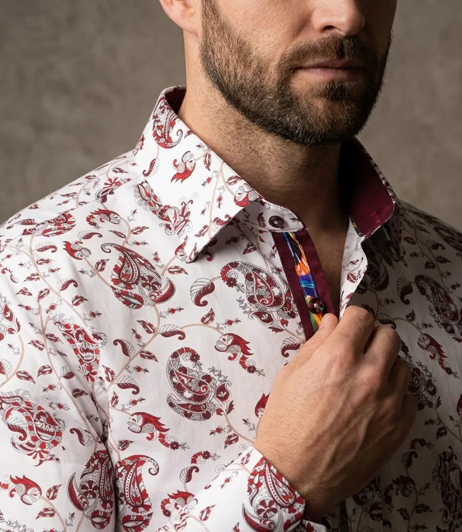 White Paisley Print Shirt with Matching Handkerchief