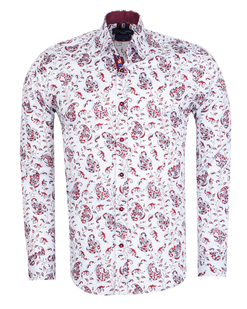 White Paisley Print Shirt with Matching Handkerchief-Makrom