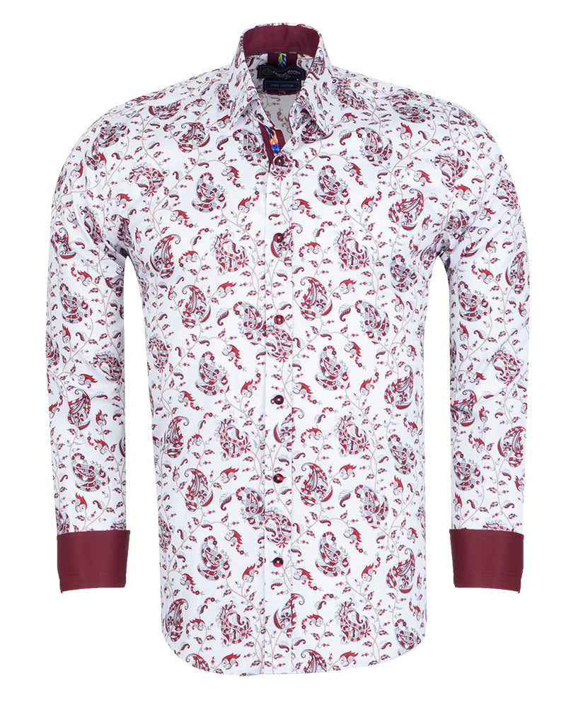 White Paisley Print Shirt with Matching Handkerchief-Makrom