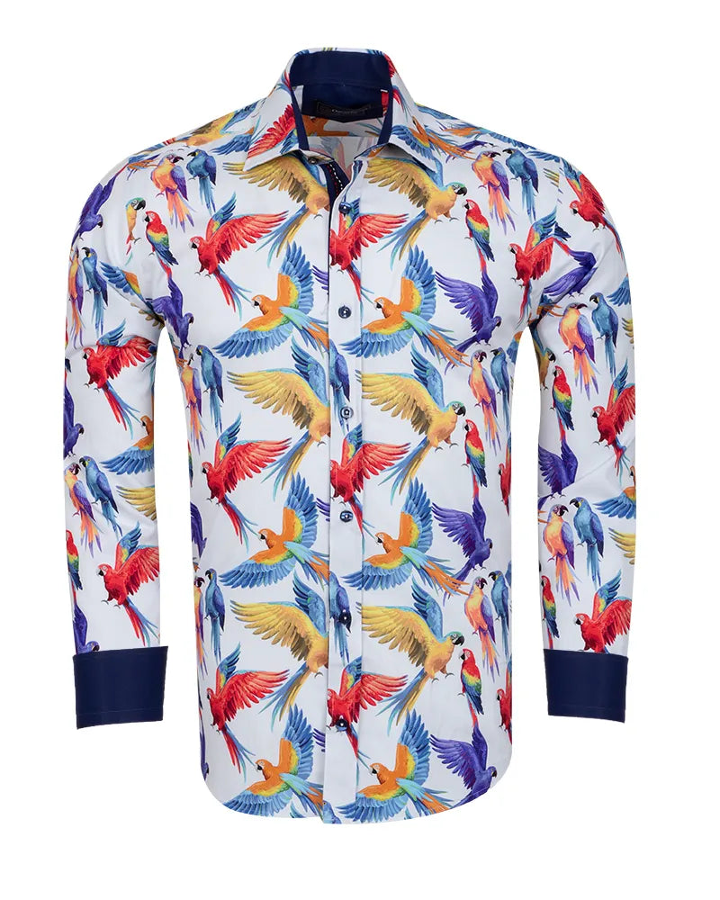 White Parrot Print Shirt with Matching Handkerchief-Makrom