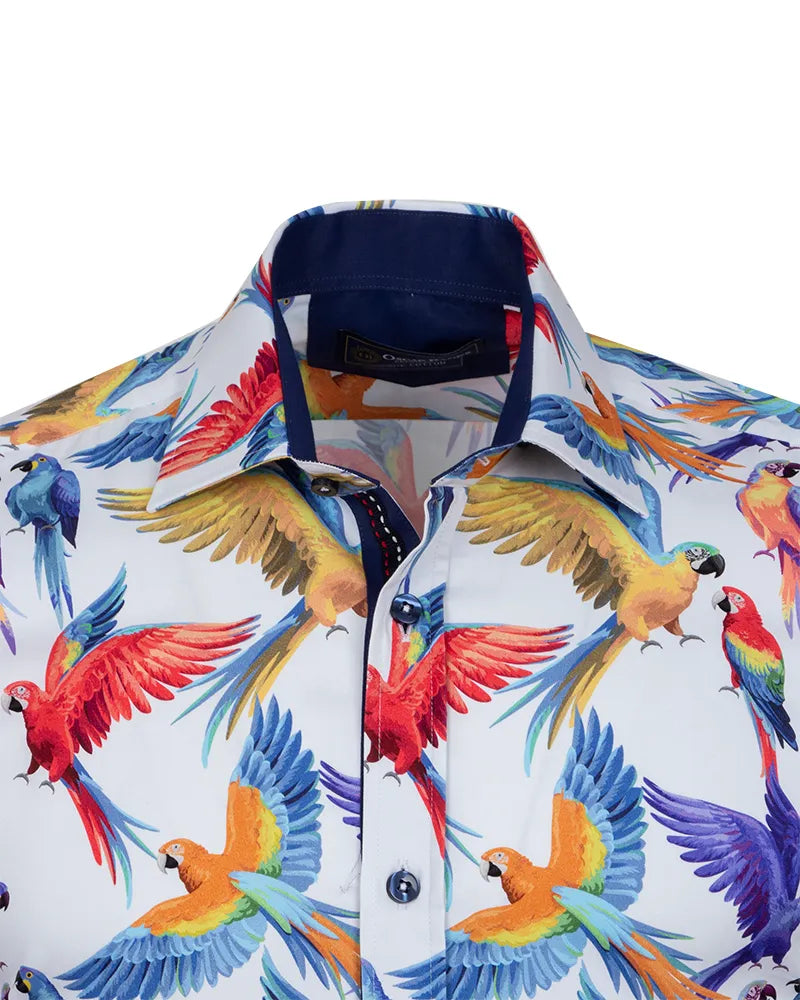 White Parrot Print Shirt with Matching Handkerchief-Makrom