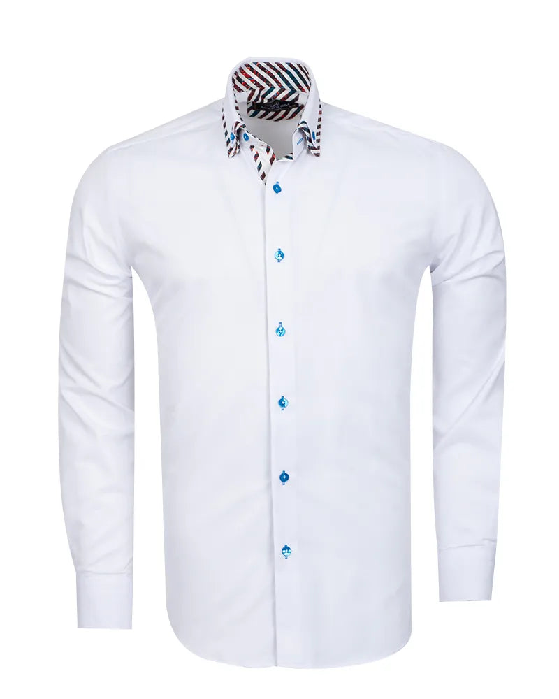 White Plain Contrast Stripe Collar and Cuffs Long Sleeve Shirt-Makrom