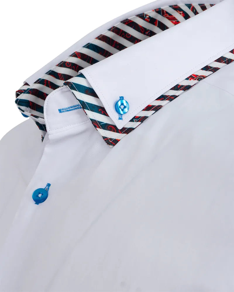 White Plain Contrast Stripe Collar and Cuffs Long Sleeve Shirt-Makrom