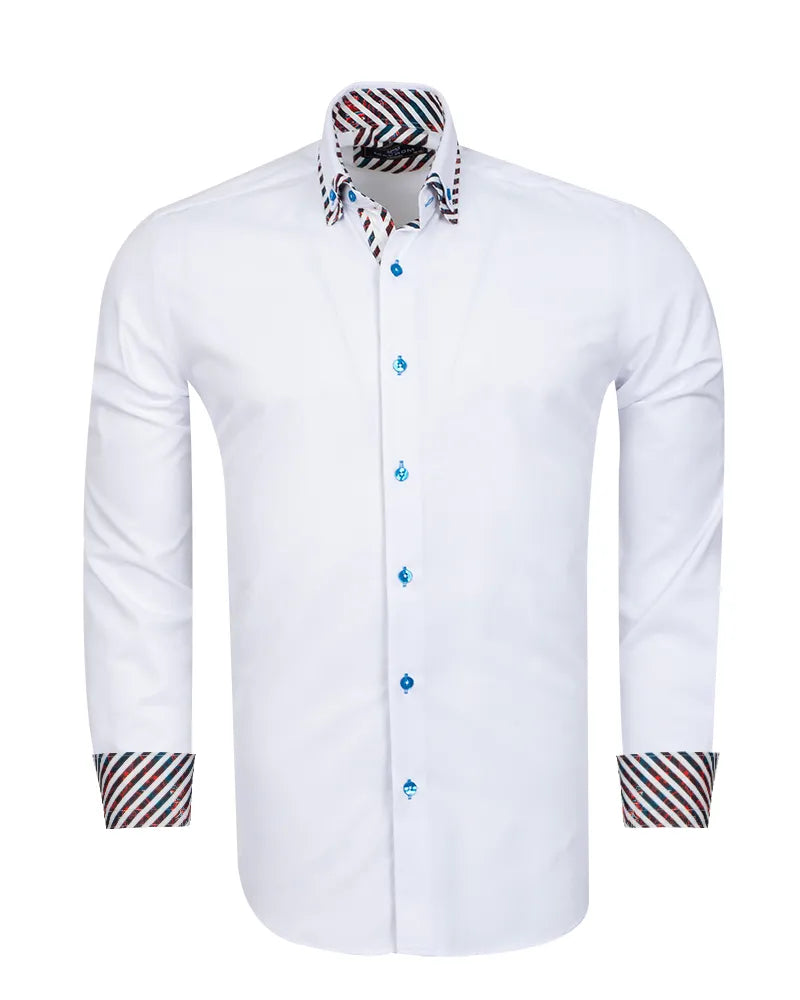 White Plain Contrast Stripe Collar and Cuffs Long Sleeve Shirt-Makrom