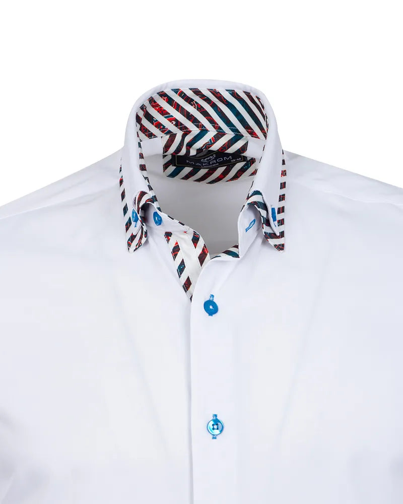 White Plain Contrast Stripe Collar and Cuffs Long Sleeve Shirt-Makrom