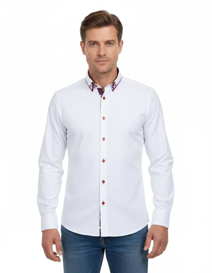 White Plain Double Collar Shirt with Playing Card Design Trim-Makrom