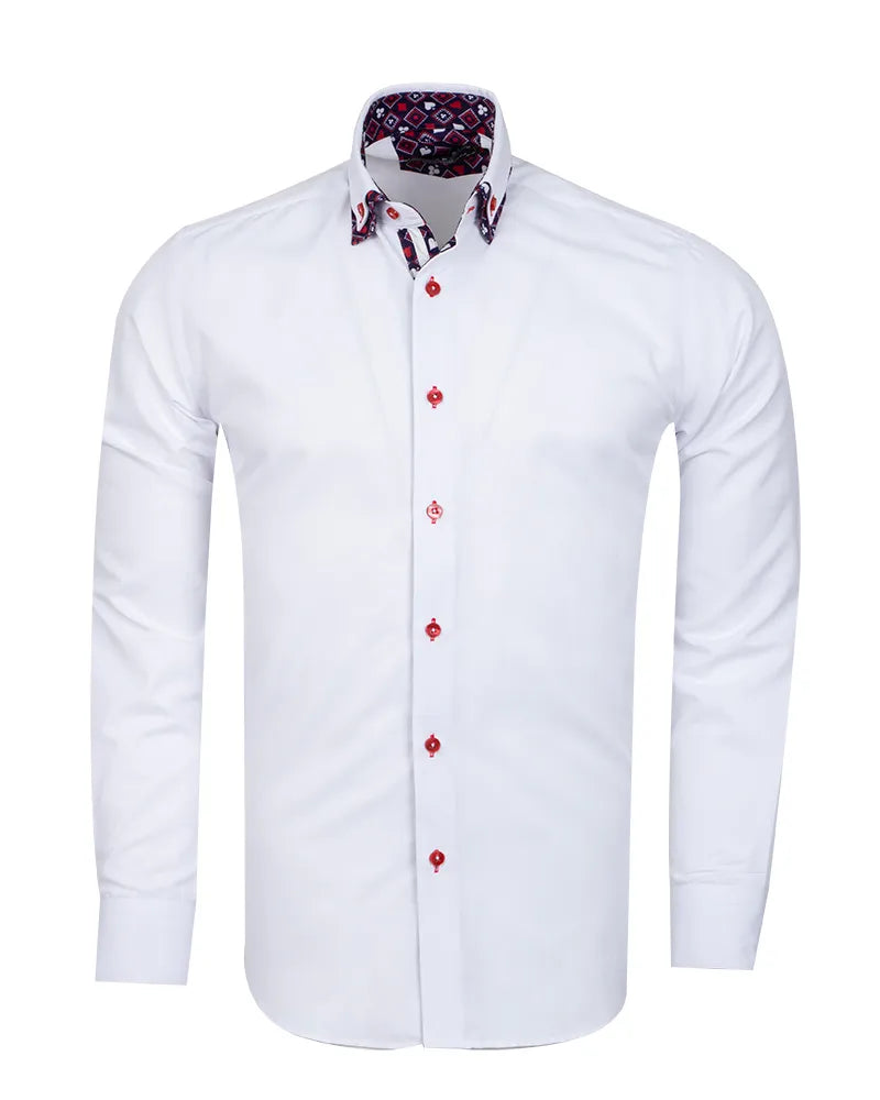 White Plain Double Collar Shirt with Playing Card Design Trim-Makrom