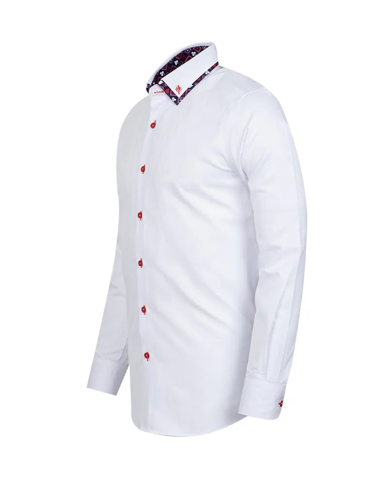 White Plain Double Collar Shirt with Playing Card Design Trim-Makrom