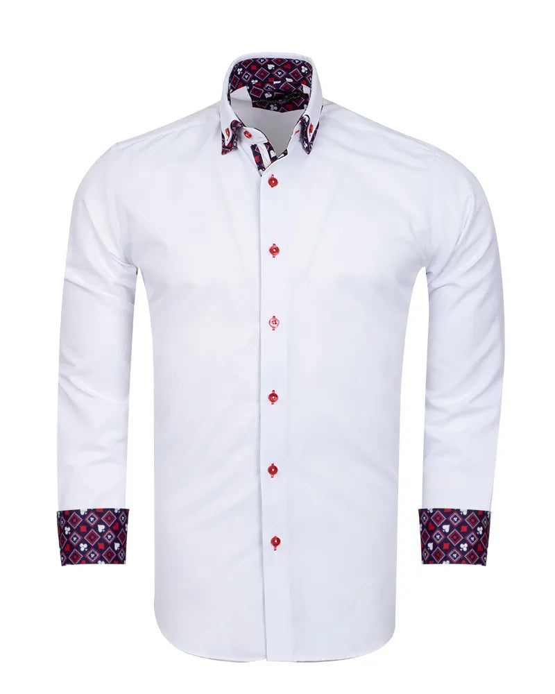 White Plain Double Collar Shirt with Playing Card Design Trim-Makrom