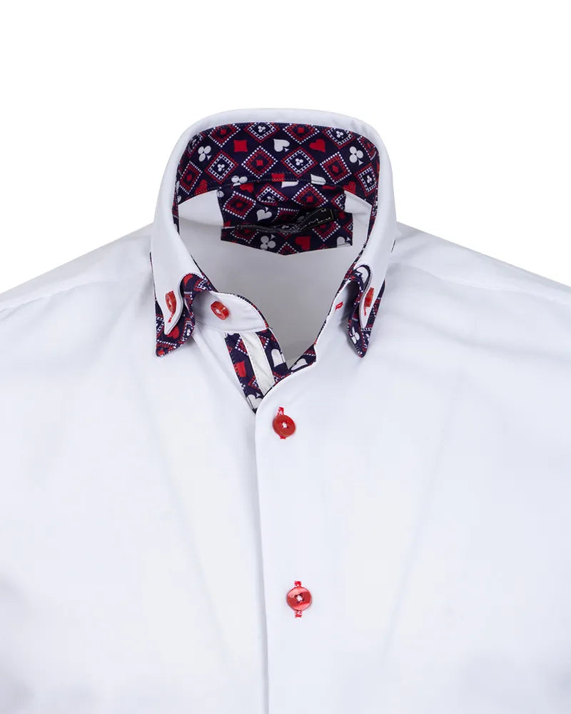 White Plain Double Collar Shirt with Playing Card Design Trim-Makrom