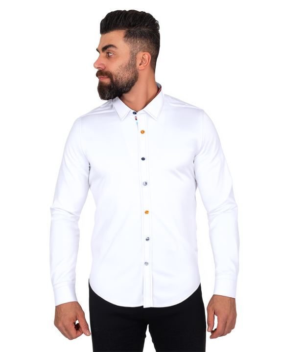 White Plain Panel Colourful Print Collar Tip Pure Cotton Shirt-Makrom