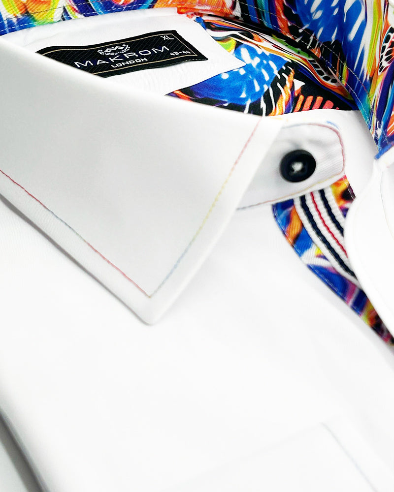 White Plain Panel Colourful Print Collar Tip Shirt-Makrom