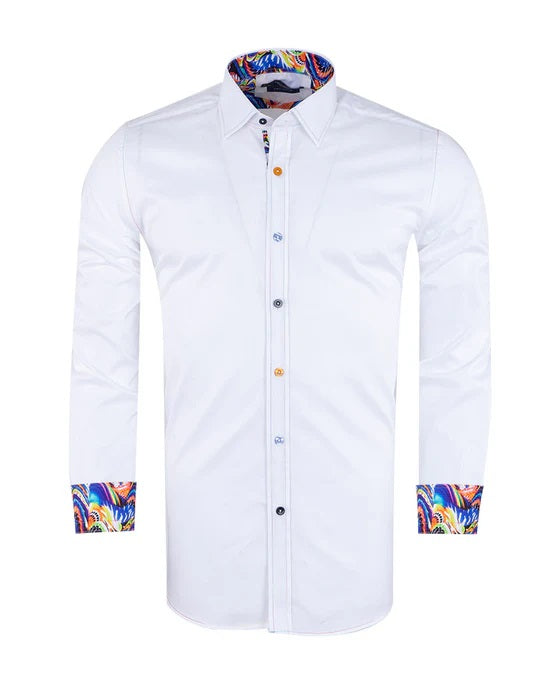 White Plain Panel Colourful Print Collar Tip Shirt-Makrom