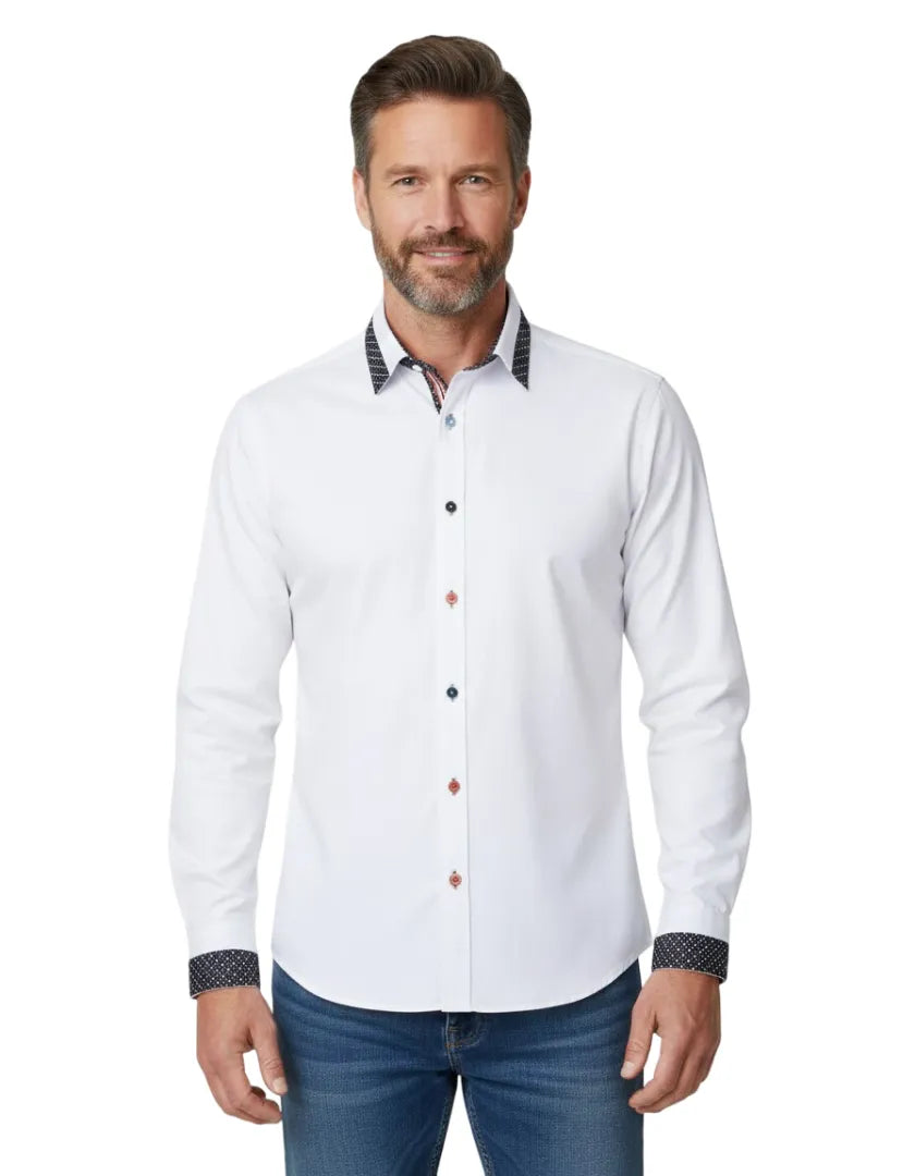 White Plain Panel Shirt with Dot Print Collar & Cuffs-Makrom