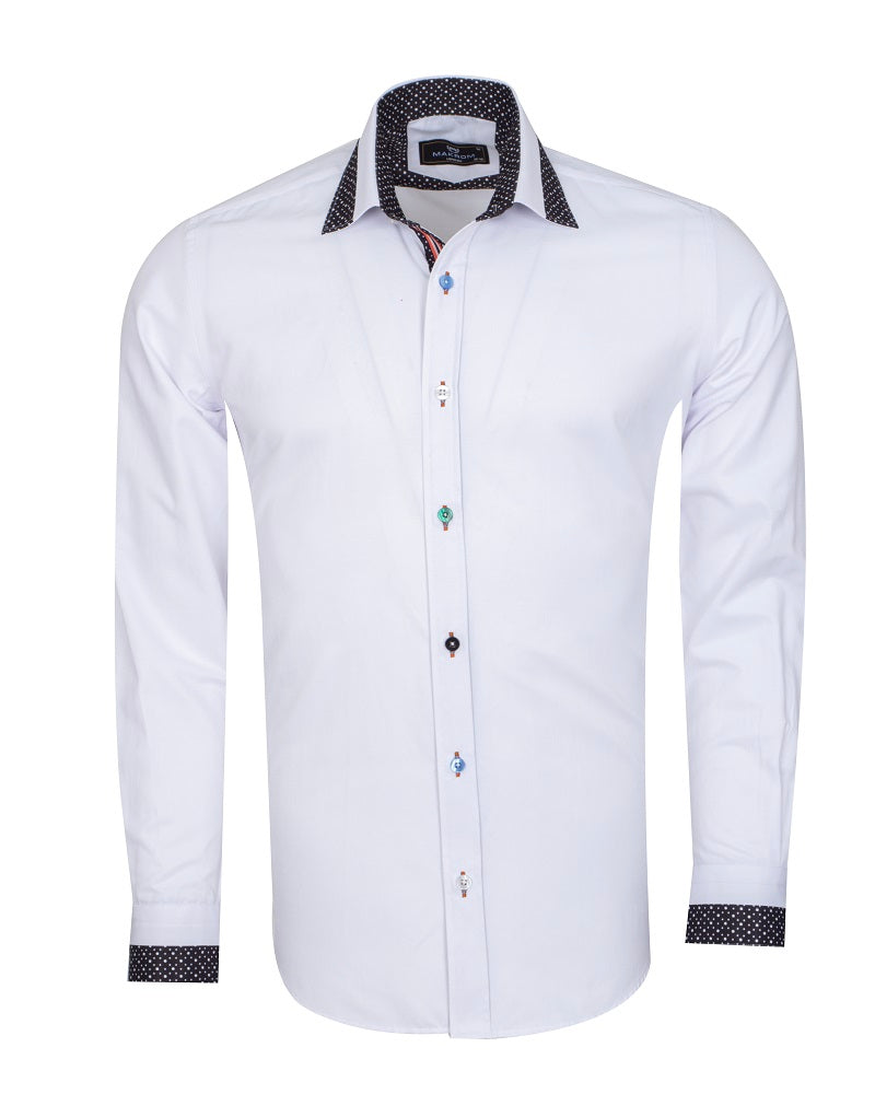 White Plain Panel Shirt with Dot Print Collar & Cuffs-Makrom