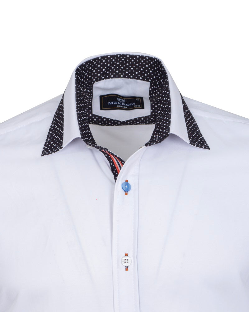 White Plain Panel Shirt with Dot Print Collar & Cuffs-Makrom