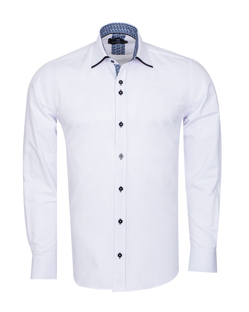 White Plain Panel Shirt with Floral Insert & Collar Tip Design-Makrom