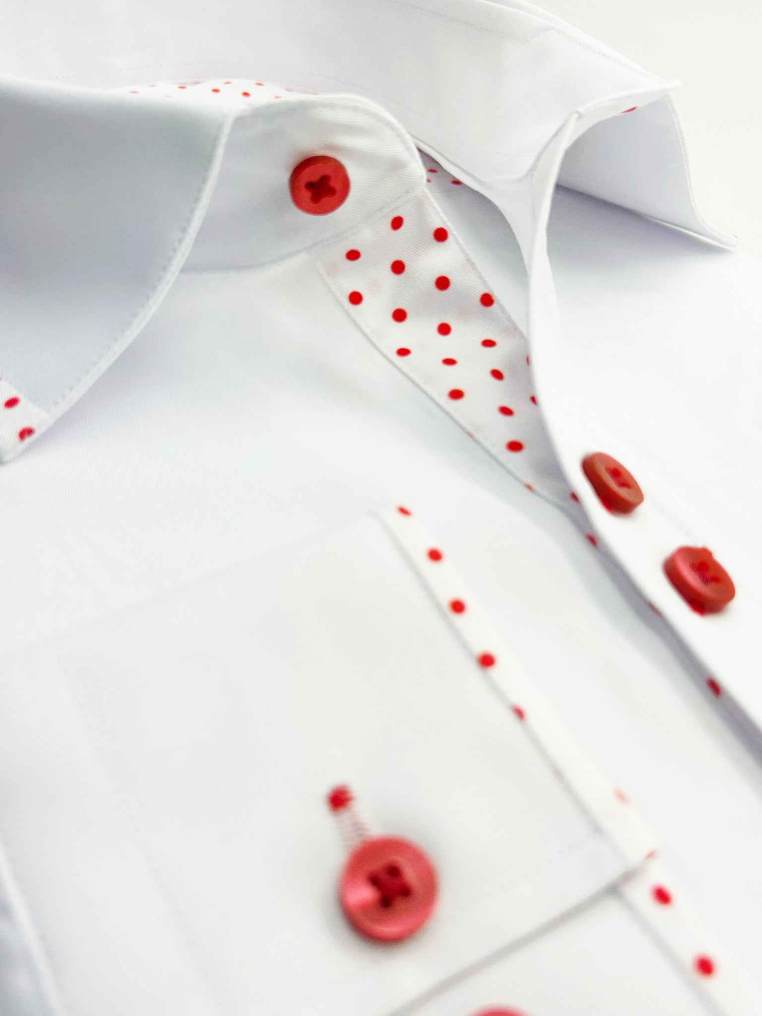 White Plain Panel Shirt with Red Dot Print Collar & Cuffs-Makrom