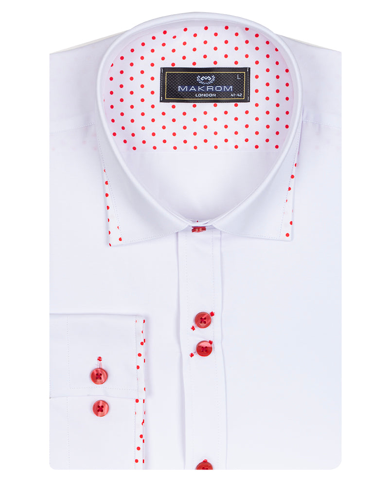 White Plain Panel Shirt with Red Dot Print Collar & Cuffs-Makrom