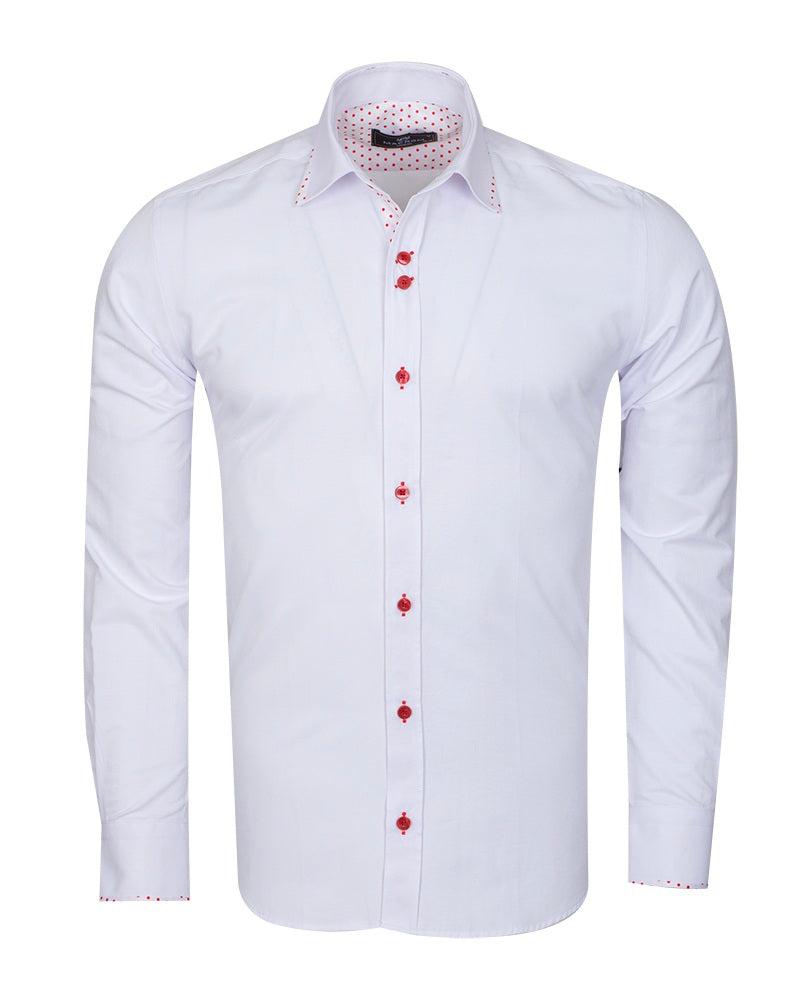 White Plain Panel Shirt with Red Dot Print Collar & Cuffs-Makrom