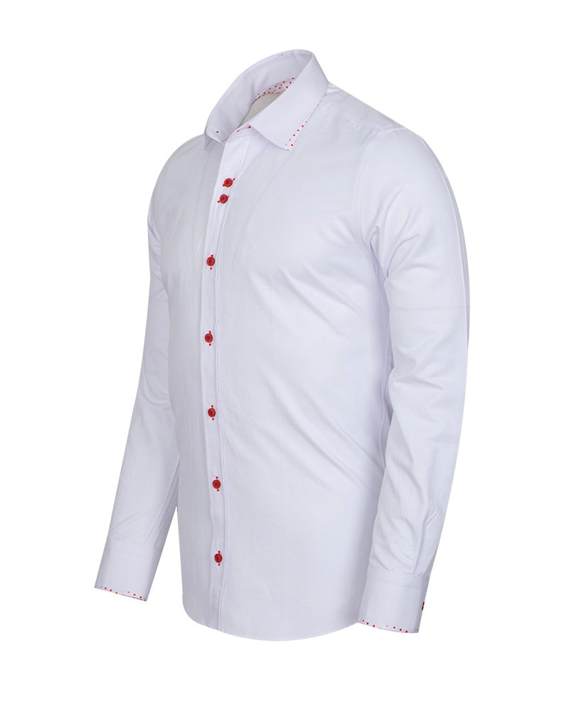 White Plain Panel Shirt with Red Dot Print Collar & Cuffs-Makrom