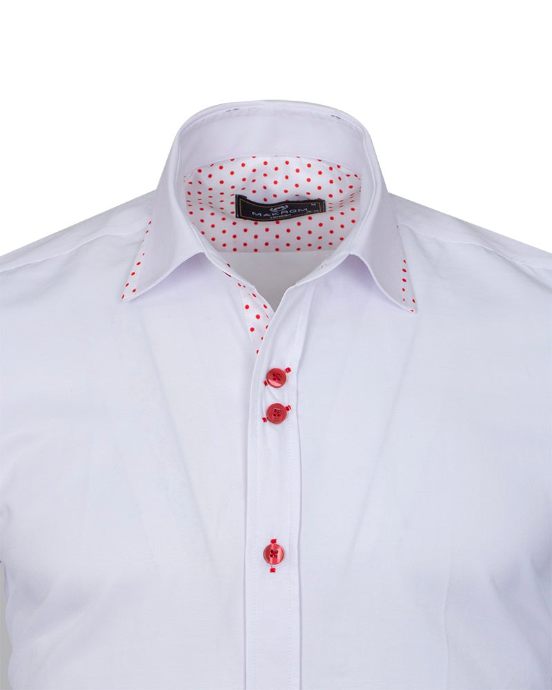 White Plain Panel Shirt with Red Dot Print Collar & Cuffs-Makrom
