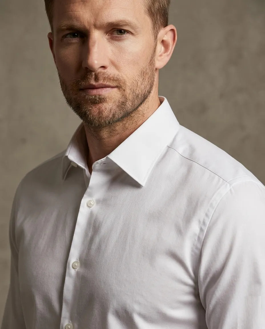 Man wearing a light gray dress shirt against a neutral background
