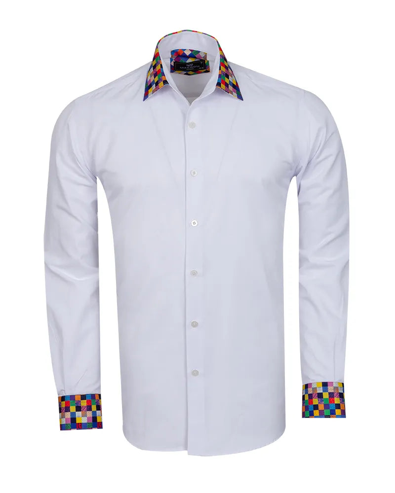 White Plain Shirt with Multicoloured Trim-Makrom