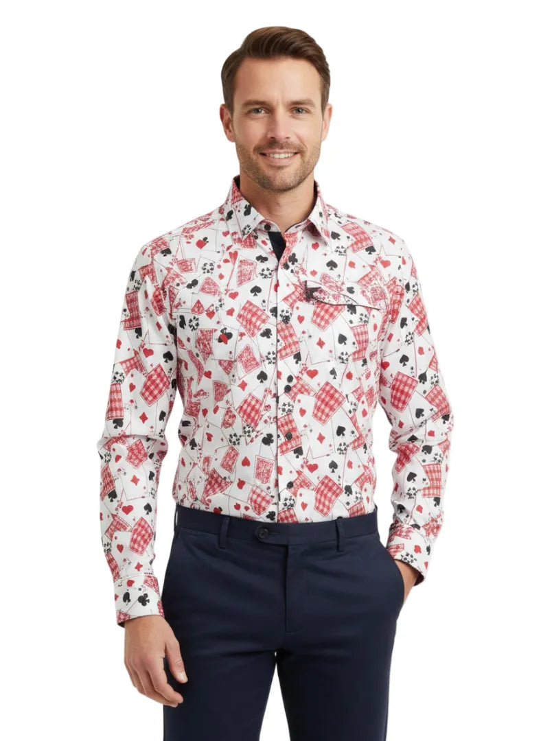White Playing Card Print Shirt with Matching Handkerchief-Makrom