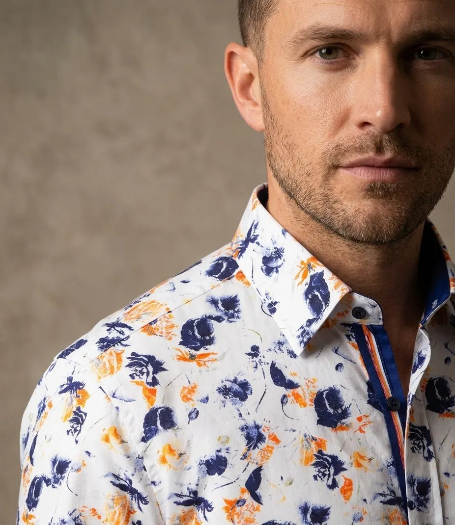 White Poppies Print Shirt with Matching Handkerchief
