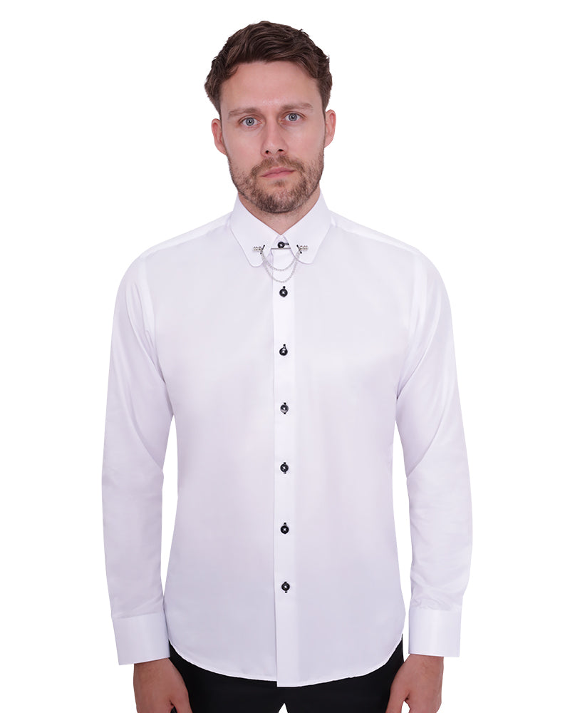 White Round Collar Pin Shirt-Makrom